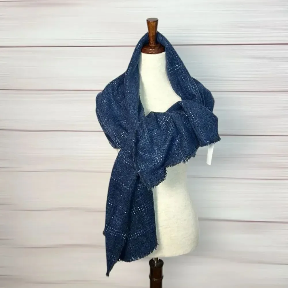NWT Talbots Blue Wrap Scarf Metallic Windowpane Large Chunky New